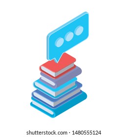stack of books with speech bubble on white background