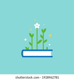 pila de libros con brotes, flores y estrellas.  Icono plano aislado en fondo azul. Ilustración vectorial. Idea, estudio, escuela, concepto de inspiración. El poder del conocimiento y la educación.