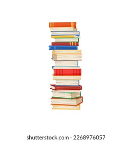Stack of books, stacked educational materials, cartoon textbooks. Vector bookstore textbooks in hardcover, bookstore or library emblem