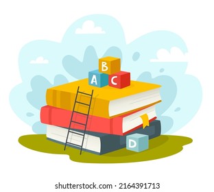 Stack of books with stairs and abc cubes. Knowledge and education flat illustration.