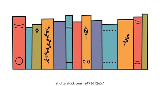 Pila de libros en un estante. Ilustración vectorial plana de color aislada sobre un fondo blanco