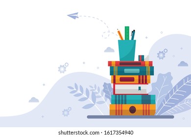 Stack of books and stationery banner. Online training courses. Modern vector illustration concepts for website development. e-learning education design.