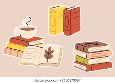 Pilha de livros com xícara de chá a vapor, caderno aberto e detalhe folha em fundo neutro. Um ambiente acolhedor de leitura e estudo para os amantes da literatura e estudantes