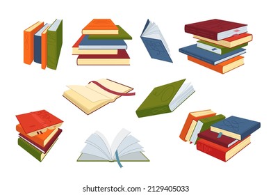 Stack of books for study set. Vector illustrations of open and closed books with bookmarks. Cartoon paper notebook, textbook, dictionary from library or bookstore isolated on white. Education concept