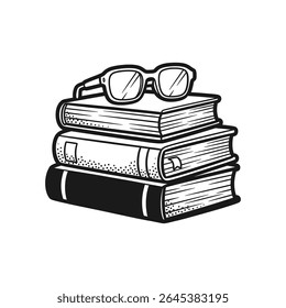 Stack of books with sunglasses in cozy study or reading corner – Vector Illustration