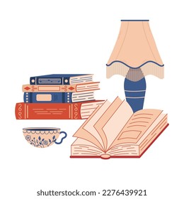 Stack of books, table lamp, and cup of tea isolated. Vector flat cartoon illustration of workspace, learning and education.