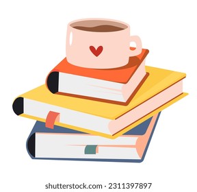 Una pila de libros y té. Un agradable pasatiempo. Ilustración vectorial plana.