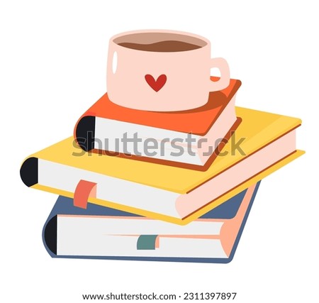 A stack of books and tea. Cozy pastime. Flat vector illustration.