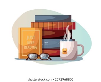 Stack of books, tea mug, and glasses isolated on a white background.