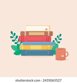 stack of books with tea, vector illustration