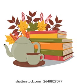 Pilha de livros com bule de chá e folhas. Ilustração vetorial de uma acolhedora cena de leitura de outono. Perfeito para designs com tema de outono, educação, estilo de vida ou promoções sazonais.