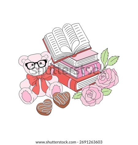 Stack of Books with Teddy Bear and Chocolate Candy Clipart, Cute Bookish V-Day Cozy Reading Lover Club Retro Aesthetic Illustration for T-Shirt Design, Scrapbooking and Stickers