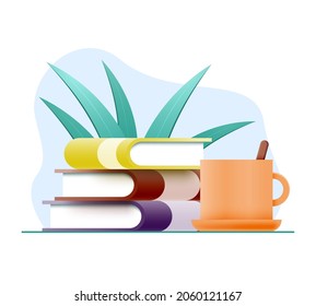 Stack of books or textbooks, coffee cup and houseplant isolated on white background.