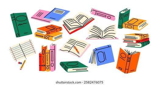 Stack of books and textbooks. Open books for learning and education. Bright cartoon notebooks, planners, dictionaries with literature. Retro stickers in the doodle 90s style 