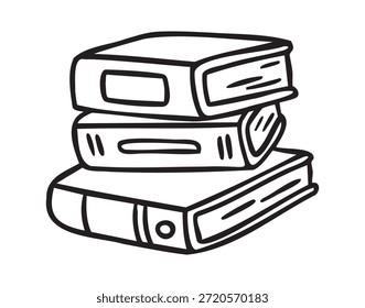 Pila de libros, tres volúmenes, doodle de la escuela de arte de línea, contorno de contorno, monocromo, dibujado a mano. Ilustración vectorial.