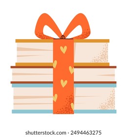 A stack of books tied with a festive ribbon. Cute gift books isolated on white background. Flat vector illustration.