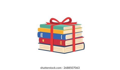 Uma pilha de livros está amarrada com uma fita vermelha como um presente.