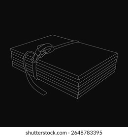 A stack of books tied together with a rope in a neat black and white illustration. The books are arranged vertically, secured by the tightly bound rope at the top.