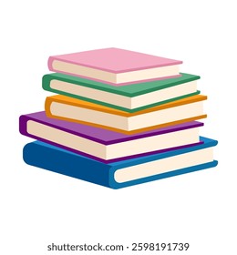 A stack of books with the top book being pink. The books are of different colors and sizes