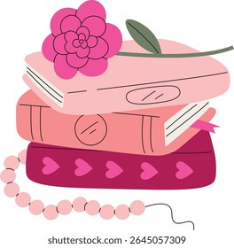 A stack of books topped with a flower and a beaded necklace in a flat style. Three books are adorned with a floral accent and heart patterns. Cartoon vector illustration.