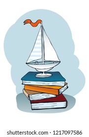 A stack of books and a toy boat, yacht, sailboat, on a blue background. Illustration reading books allows you to travel and fantasize.