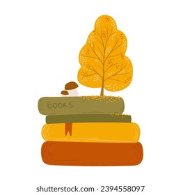 a stack of books with a tree and a mushroom in an autumn setting. autumn reading