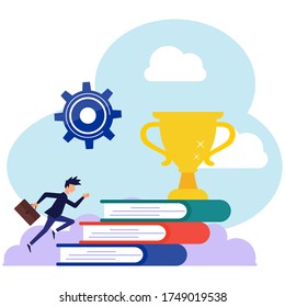 Stack of books and trophies winners above. Businessman climbing the stairs, enhancing new skills, new ideas and business concepts, vector illustration of a modern style.