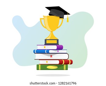 Stack of Books A Trophy and Graduation Cap on the top. Business success and education concept Vector Icon