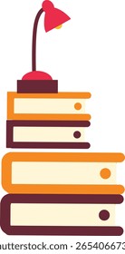 Stack of books under red reading lamp. Perfect for late-night studying, academic knowledge visuals, and learning illustrations for students or libraries.