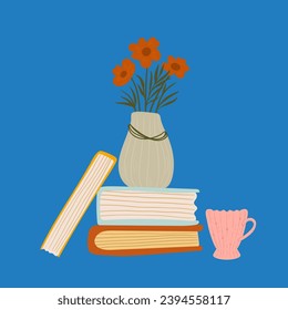 pila de libros con jarrón y taza. un club de lectura sofisticado. cartel de libro