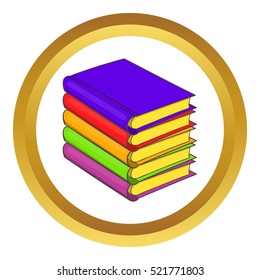 Stack of books vector icon in golden circle, cartoon style isolated on white background