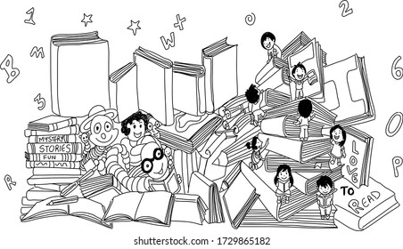 Ilustración vectorial de la pila de libros. Arte digital de mano libre en blanco y negro.