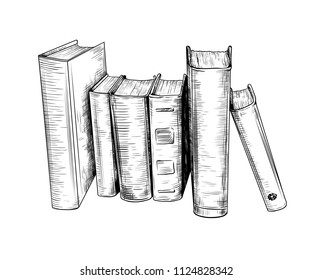 A Stack Of Books In A Vertical Position. Hand-drawn Vector Drawing In Vintage Style. Sketch. Imitation Of Engraving.