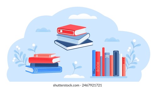 Stack of books, vertical books with texture isolated background.World Book Day. Set of hand drawn educational vector illustrations.