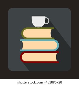 Stack of books and white cup icon in flat style on a gray background