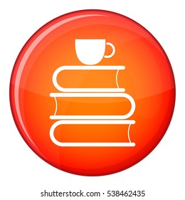 Stack of books and white cup icon in red circle isolated on white background vector illustration