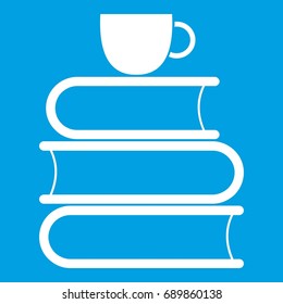 Stack of books and white cup icon white isolated on blue background vector illustration