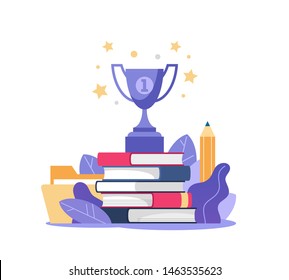 Stack of books and winner cup on top. Education, online courses and business, distance education, online books and study guides, exam preparation, home schooling, vector illustration.