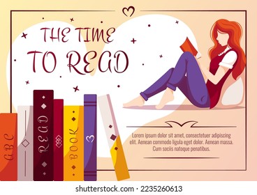 Stack of books and woman is reading book. Book lover, Reading, Book store, Library, Education concept. A4 vector illustration for flyer, poster, banner. 