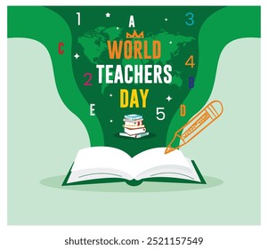 Stack of books and world map silhouette. The book opens on a green background. Teacher's Day concept. Flat vector illustration.