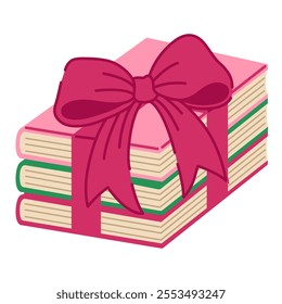 Stack of books wrapped with a bright pink ribbon and bow, creating a festive and elegant gift. For holidays, and birthdays. Cozy and cheerful concept for celebrations. Isolated on white background.