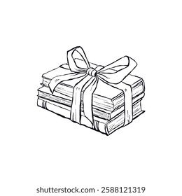 Stack of books wrapped with a ribbon tied into a large bow, clipart coquette aesthetic for coloring page. Doodle vector illustration in vintage style isolated on white background