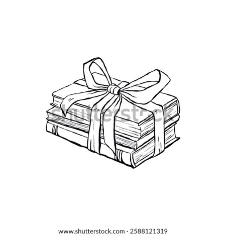Stack of books wrapped with a ribbon tied into a large bow, clipart coquette aesthetic for coloring page. Doodle vector illustration in vintage style isolated on white background