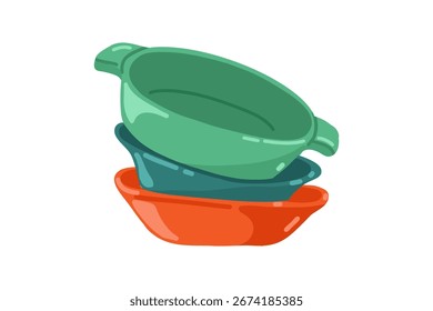 Pilha de tigelas ou bacias de cores diferentes. Uma pilha de pratos de cozinha em um estilo plano. Ilustração vetorial