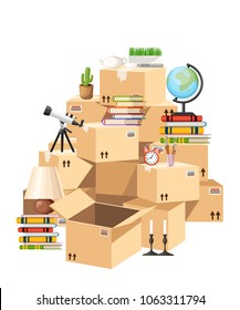 Stack of boxes. Cardboard boxes with objects. Moving house concept. Vector illustration on white background. Web site page and mobile app design.