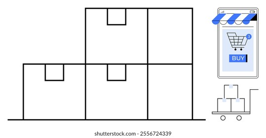 Stack of boxes next to a smartphone with a shopping cart icon and a buy button plus a trolley with boxes. Ideal for online shopping delivery supply chain logistics e-commerce business warehouse