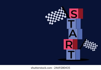 stack of boxes with the word start written and a start flag