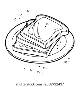 Stack of Bread Slices on a Plate in Black and White Illustration.