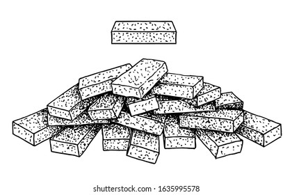 Stack of brick sketch. Group of loose bricks on white background.  Construction material brick on transparent background