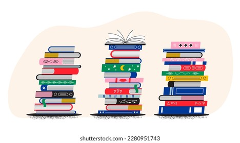 A stack of bright books and textbooks. A lot of literature. Illustration for library, bookstore, reading